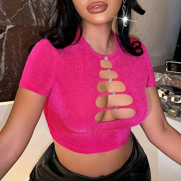 SHEIN Tops - ☆SHEIN SXY Rhinestone Ladder Cut Out Crop Tee☆